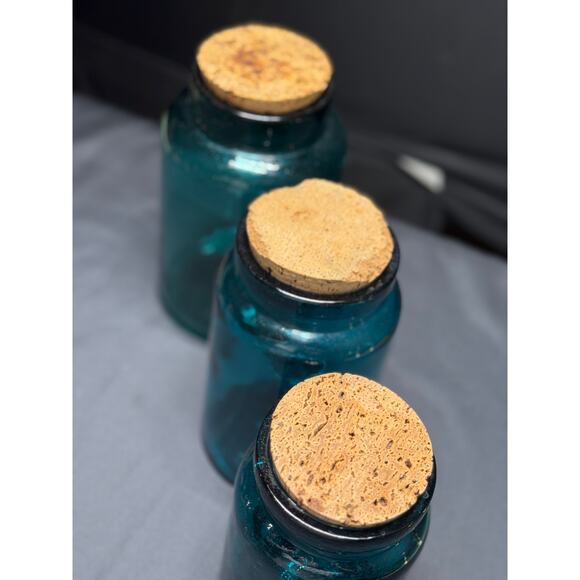 Set of 3 Vintage Teal Glass Jars with Original Cork Stoppers–6.5", 7.5", 8" Tall - Picture 6 of 12